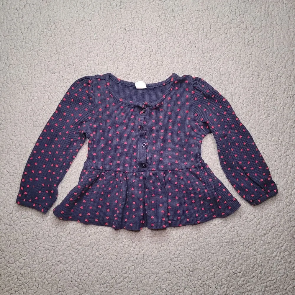 Baby Gap Shirt Girls Toddlers 3 Years Blue Red Hearts Waffle Knit Peplum Ruffles